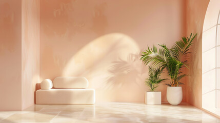 Interior design of large living room decorated in peach colors, with home plants and sunlights.