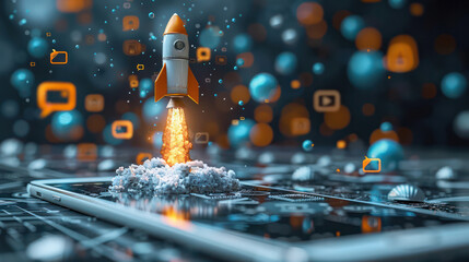 A rocket shoots out from a smartphone with many social media symbols flying everywhere.