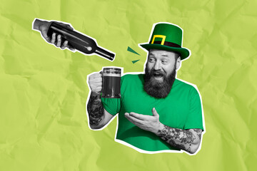 Creative composite photo collage of excited funky man wear leprechaun hat drink beer in pub on...