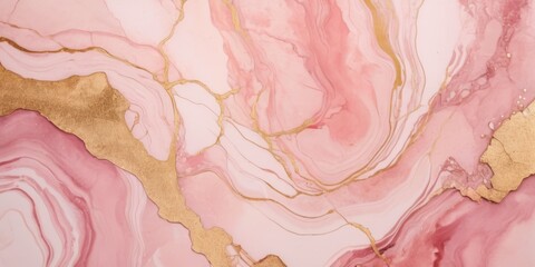Abstract dusty blush liquid watercolor background with golden cracks. Pastel pink marble alcohol ink - obrazy, fototapety, plakaty