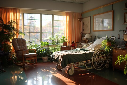 A room filled with a comforting array of indoor plants and sunlight, featuring a hospital bed and a wheelchair