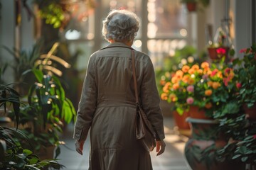 Image shows a senior woman's back as she walks through an indoor garden, radiating a sense of peacefulness and tranquility