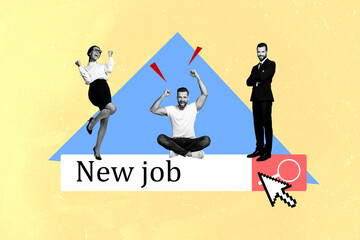 Creative artwork composite photo collage of satisfied people get new perfect fit professional worker on job isolated on painted background