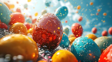  colorful easter eggs are floating in a beautiful background