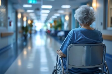 Back view of a senior woman in a wheelchair looking down a brightly lit hospital corridor