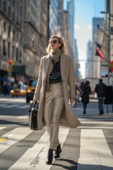 Nicely dressed businesswoman seen walking on the street of Manhattan after work