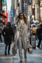 Fototapeta premium Nicely dressed businesswoman seen walking on the street of Manhattan after work