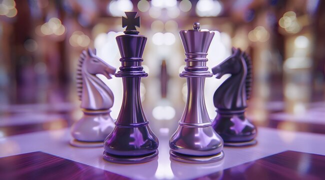 Schachfiguren stehen auf einem edlen Schachbrett, Konzept Intelligenz, richtiger Schachzug