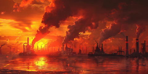 Hotter Horizons: Fiery Sunset Silhouetting Smokestacks and Oil Rigs, a Stark Portent of the Environmental Consequences of Unchecked Fossil Fuel Consumption and Global Warming