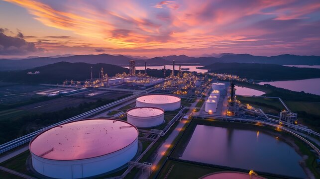 Drohnenaufnahme einer Hafenanlage mit Öltanks und Flüssiggastanks, Tanks voll mit Gas und Öl, Konzept Energieinfrastruktur