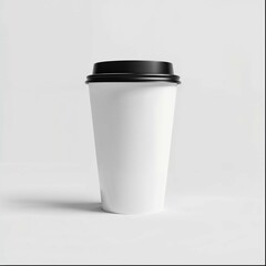 A white paper coffee cup with a black lid on a white background, photographed as a product shot with studio lighting in a minimalist style at high resolution, high detail and high quality