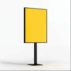 A yellow rectangular advertising sign on a black metal stand, with a white background, in a simple design, in a minimalistic style, a 3d rendering illustration, with no shadows, a mockup, isolated.