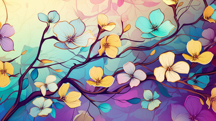 Vibrant watercolor background with abstract blossoms on whimsical branches