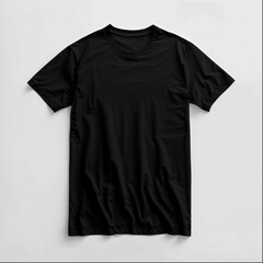 Black tshirt mockup, flat lay on white background, high resolution, professional photograph, studio lighting, no shadows, product shot, high detail, hyperrealistic, closeup