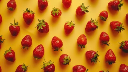 Fresh strawberry, pattern with fruits, natural texture with fruit on yellow background