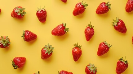 Fresh strawberry, pattern with fruits, natural texture with fruit on yellow background