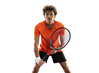 Front view of athletic man, tennis player holds racquet up anticipating play against transparent...