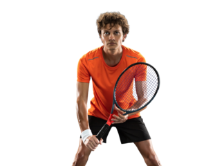 Front view of athletic man, tennis player holds racquet up anticipating play against transparent background. Concept of sport, healthy lifestyle, competition, tournament, victory, motion, movement.