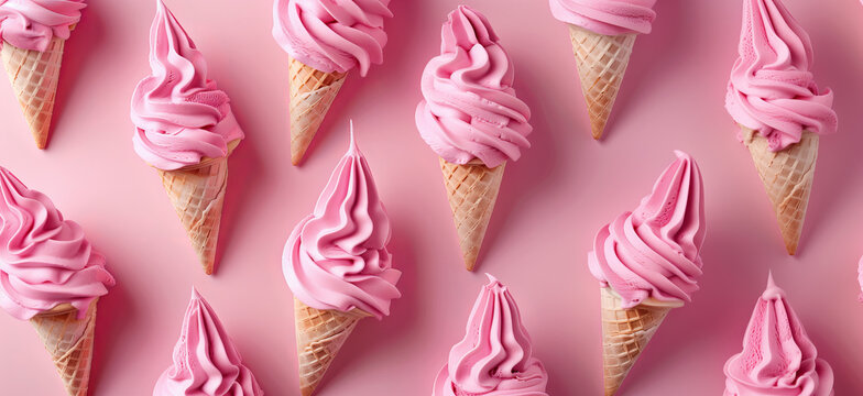 Pink strawberry ice creams in a cone pattern on a pastel light pink background. Summer refreshing concept banner. Delicious commercial background.