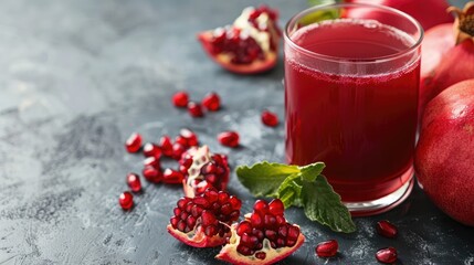 Pomegranate and juice on brown table, close up