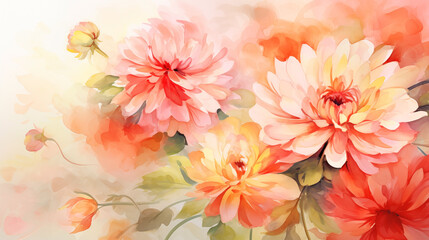 Fototapeta premium Watercolor background with radiant dahlias and tender buds in a warm palette