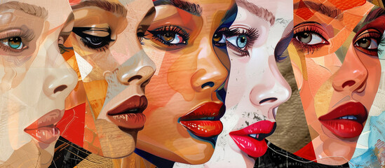 Artistic image showcasing collaged female faces with golden hues and striking red lips