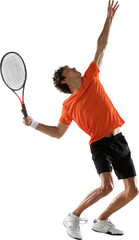 Young athletic man, professional tennis player doing perfect top serve against transparent...