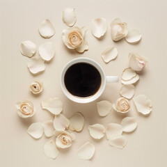 Obraz na płótnie Canvas Overhead shot of black coffee in a white cup surrounded by white rose petals arranged in a circle on a cream background