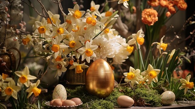 A festive Easter display featuring a lush field of daffodils and a radiant golden egg centerpiece.