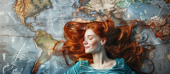 A serene woman with vibrant red hair lies on a world map, evoking a sense of wanderlust and exploration - obrazy, fototapety, plakaty