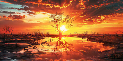 Climate Crisis: Dramatic Sun Setting Over a Scorched Landscape, Prompting Reflection on the Urgent Need for Collective Action to Address Global Warming - obrazy, fototapety, plakaty