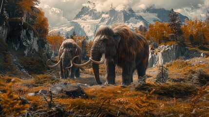 Woolly mammoth, prehistoric animal in frozen ice age landscape