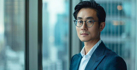 Confident Asian businessman with glasses slick hair by office window modern elegance