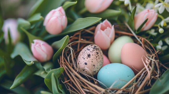 A picturesque background of pastel-colored eggs nestled among lush greenery and blooming tulips.