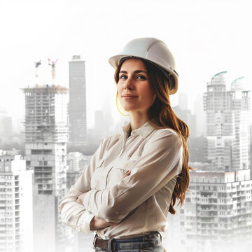 Empowered woman in construction safety helmet buildings rising behind minimalist white space