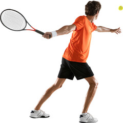 Rear view portrait of focused young man, tennis player preparing to hit tennis ball against...