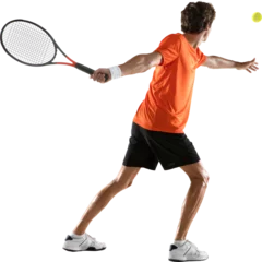 Fotobehang Rear view portrait of focused young man, tennis player preparing to hit tennis ball against transparent background. Concept of sport, healthy lifestyle, competition, tournament, victory, movement. © Lustre