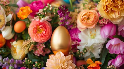 Obraz na płótnie Canvas A radiant Easter podium adorned with vibrant flowers and a gleaming golden egg centerpiece.