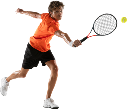 Professional tennis player, athletic young man preparing to hit tennis ball in action against transparent background. Concept of sport, healthy lifestyle, competition, tournament, victory, motion.