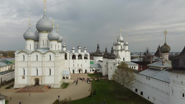 Rostov, Russia. - May 5, 2022: The Kremlin in Rostov the Great. Aerial photography. Cloudy day. The Golden Ring of Russia