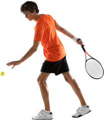 Fit man, professional tennis player throws ball to make perfect shot from below against transparent background. Concept of sport, healthy lifestyle, competition, tournament, victory, motion, movement. © Lustre Art Group 