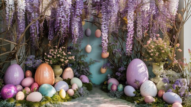 An enchanting podium design with cascading wisteria and a dazzling array of decorative Easter eggs.