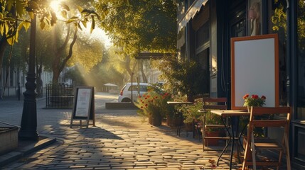 Obraz premium Warm sunlight bathes a cozy sidewalk cafe, highlighting an empty menu frame ready for customization.