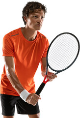 Focused athlete in tennis attire awaiting opponent's serve against transparent background. Athletic...