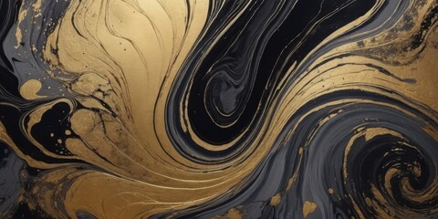 Abstract marble marbled ink painted painting texture luxury background banner - Black gray swirls gold painted splashes