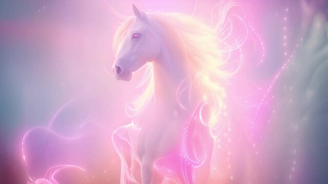 Unicorn in magical fantasy landscape pink neon colors. Unicorn concept, magic design with stars and pastel sky 4k video Soft background beauty spark