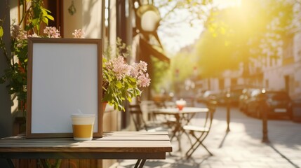 Warm sunlight bathes a cozy sidewalk cafe, highlighting an empty menu frame ready for customization.