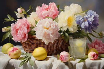 Obraz premium A basket of fresh peonies and irises in pastel colors on a white tablecloth with a glass of lemonade. generative ai