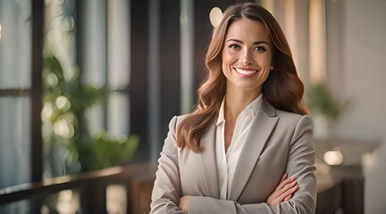 Smiling elegant confident young professional business woman , female proud leader, smart businesswoman lawyer or company manager executive standing in office