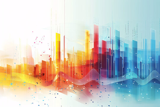 Abstract colorful cityscape with digital wave overlay